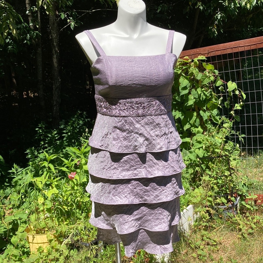 Tiered ruffle lavender-gray sequin/bead/embroidered waist dress size 14P